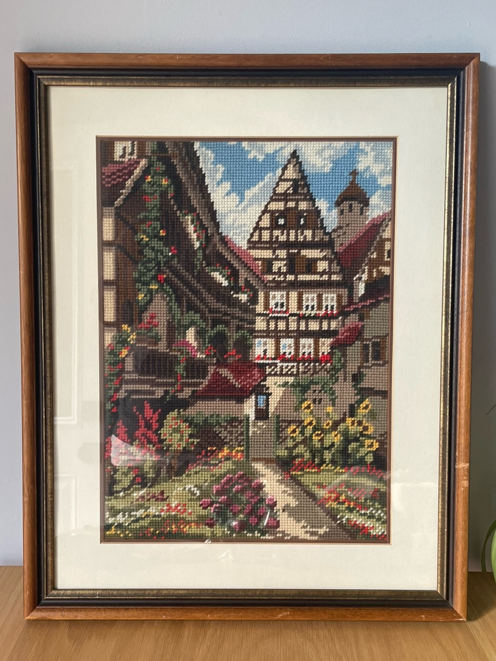Vintage Framed Needlepoint European Alpine Village Cottagecore Wall Art 16x20